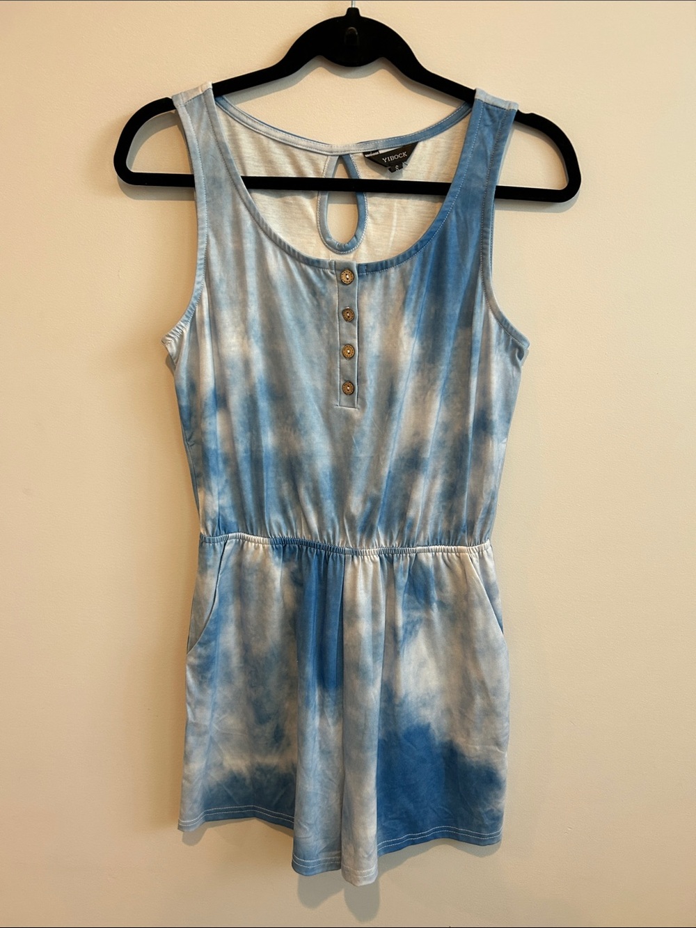 Tie-Dye Blue Sleeveless Romper with Buttons
